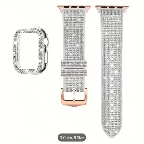 ✨NEW✨ Apple iWatch Wide Sparkly Band + Double Diamond Hollow Case Set. Silv-49mm - Picture 2 of 7